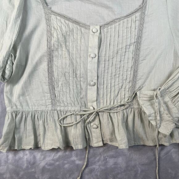 Pastel sage green cotton peasant top XL long blouson sleeves peplum cottage boho - Picture 2 of 9